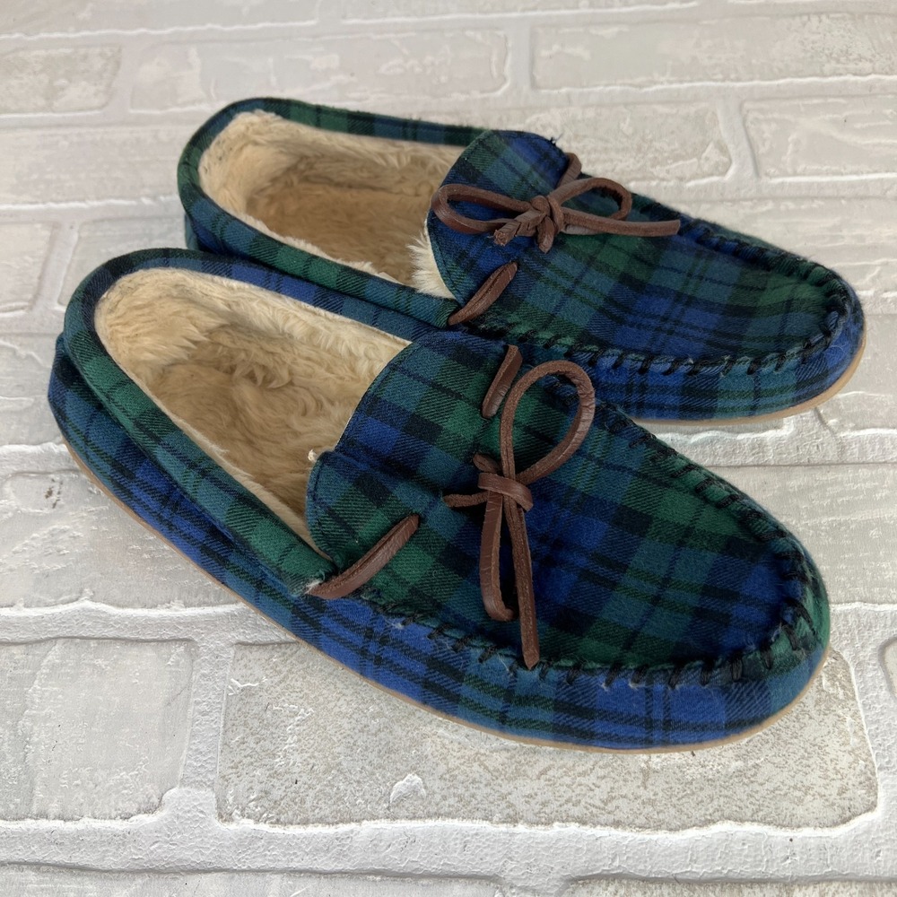J Crew Slippers Womens 8 Green Blue Plaid Faux Shearling Fur Lining Moccasin